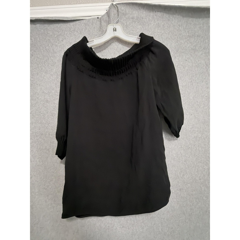 Lafayette 148 New York Blouse Womens L Black Silk Pleated Tunic Top 3/4 Sleeve